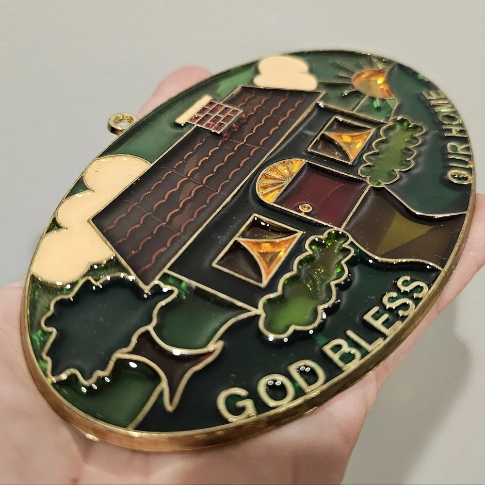 Vtg 80s Stained Glass Suncatcher God Bless Our Home Window Art Hanging Trinket - Picture 2 of 5